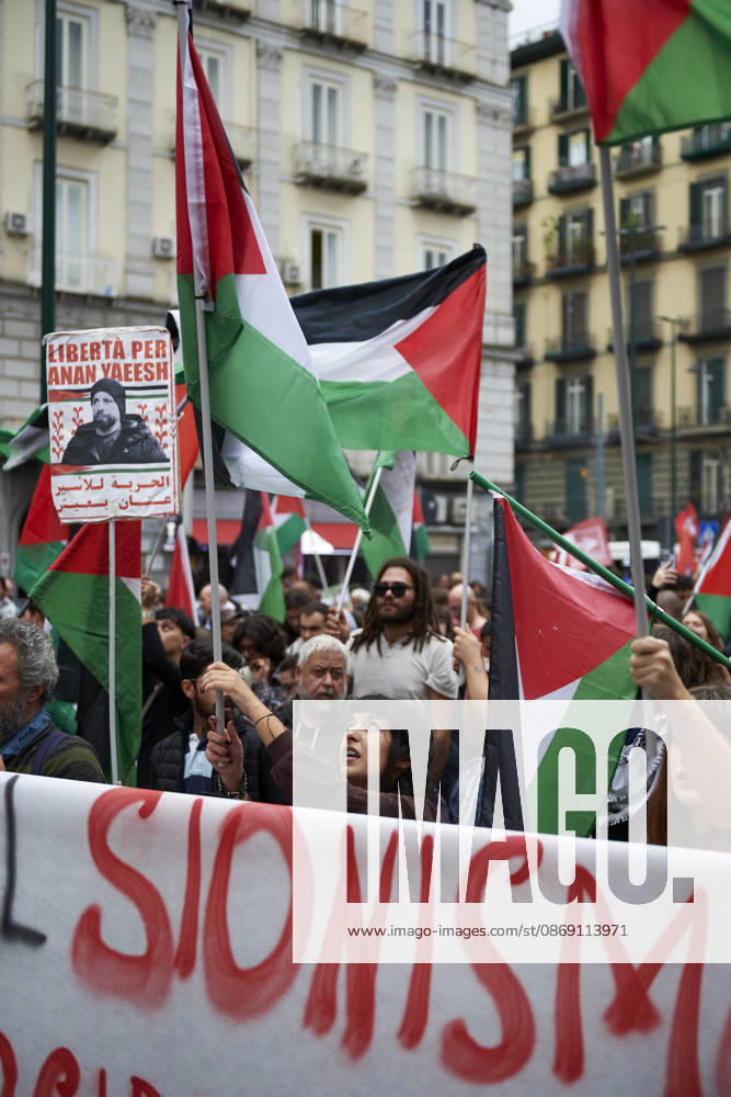Pro-Palestine protests in Naples NAPLES, ITALY - OCTOBER 10: People take part in a protest during the Global Day of Action for Palestine in defence of the Palestinian people, to call for an arms embargo and sanctions against Israel in Naples, on October 10, 2026. Eliano Imperato Anadolu Naples Italy. Editorial use only. Please get in touch for any other usage.
