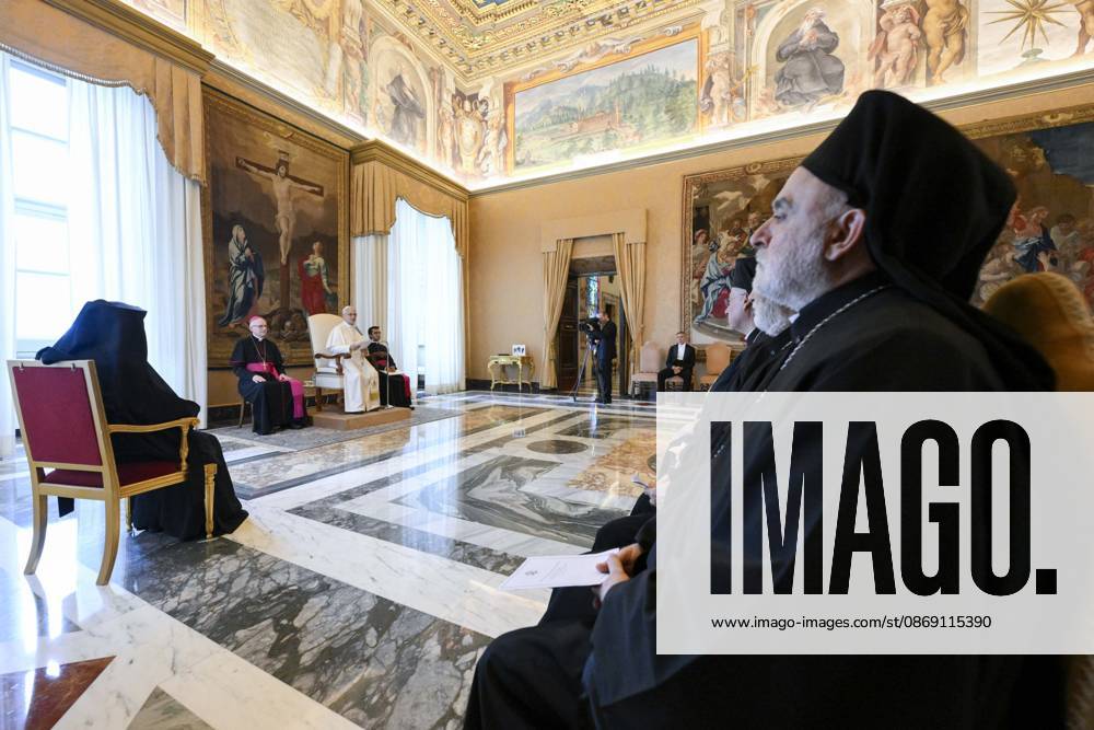 IPA89502116 - Italy, Rome, Vatican, October 10, 2026: Pope Leo XIV receives participants in the Synod of Bishops of the Greek-Melkite Church in a private audience at the Vatican. Photograph by VATICAN MEDIA Catholic Press Photo