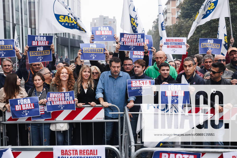 IPA89501884 - Milan: The Leagues protest, A Safer Milan, Stop the Social Centers, against the Lambretta Social Center on Via Rizzoli. Pictured: Silvia Sardone (Member of the European Parliament, Lega mayoral candidate in the Milan municipal elections), Matteo Salvini (Lega leader, Italian Minister of Infrastructure and Transportation)