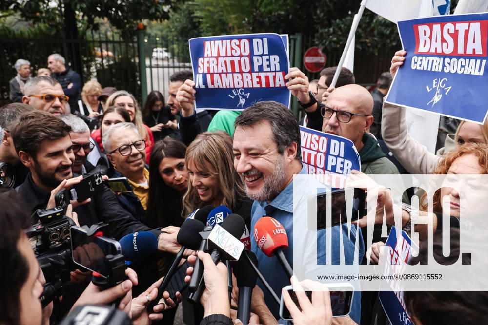 IPA89501919 - Milan: The Leagues protest, A Safer Milan, Stop the Social Centers, against the Lambretta Social Center on Via Rizzoli. Pictured: Silvia Sardone (Member of the European Parliament, Lega mayoral candidate in the Milan municipal elections), Matteo Salvini (Lega leader, Italian Minister of Infrastructure and Transportation)