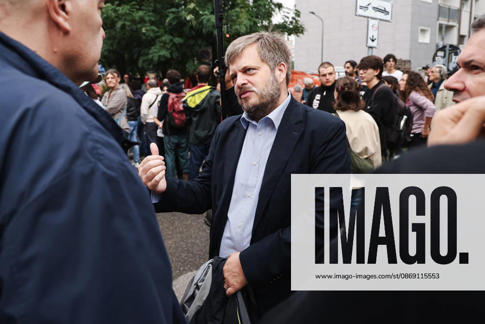 IPA89501932 - Milan: A rally organized by the Lega under the slogan A Safer Milan, Stop the Social Centers against the Lambretta Social Center on Via Rizzoli. Pictured: Pierfrancesco Majorino (Lombardy regional councilor for the Democratic Party)