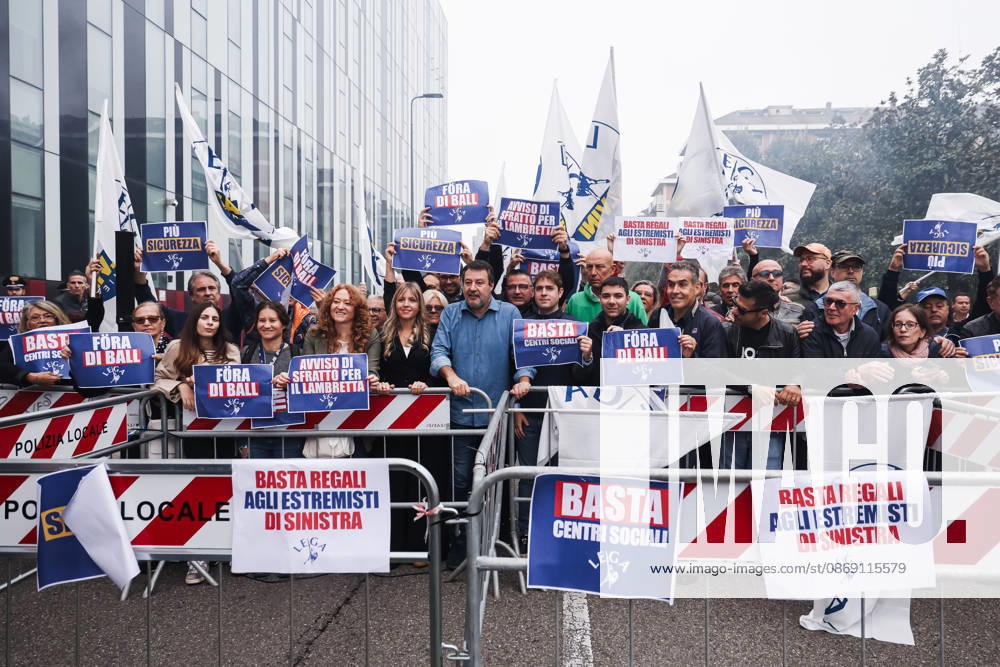 IPA89501881 - Milan: The Leagues protest, A Safer Milan, Stop the Social Centers, against the Lambretta Social Center on Via Rizzoli. Pictured: Silvia Sardone (Member of the European Parliament, Lega mayoral candidate in the Milan municipal elections), Matteo Salvini (Lega leader, Italian Minister of Infrastructure and Transportation)
