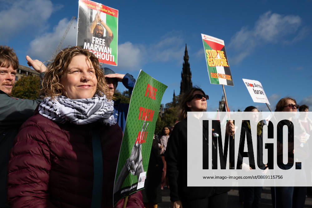 Hundreds of people took part in a demonstration in Edinburgh organised by pro-Palestine groups Gaza Genocide Emergency Committee and Stop the War Scotland to mark the third anniversary of the 7 October 2023 Hamas-led attacks on Israel and the subsequent war in Gaza. The demonstration formed part of what organisers described as the first fully coordinated global day of protests for Palestine, with participants calling on the UK Government to end all arms sales to Israel and impose full sanctions. Edinburgh UK - ZUMAs357 20261010_zip_s357_001