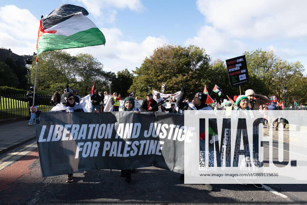 Hundreds of people took part in a demonstration in Edinburgh organised by pro-Palestine groups Gaza Genocide Emergency Committee and Stop the War Scotland to mark the third anniversary of the 7 October 2023 Hamas-led attacks on Israel and the subsequent war in Gaza. The demonstration formed part of what organisers described as the first fully coordinated global day of protests for Palestine, with participants calling on the UK Government to end all arms sales to Israel and impose full sanctions. Edinburgh UK - ZUMAs357 20261010_zip_s357_011