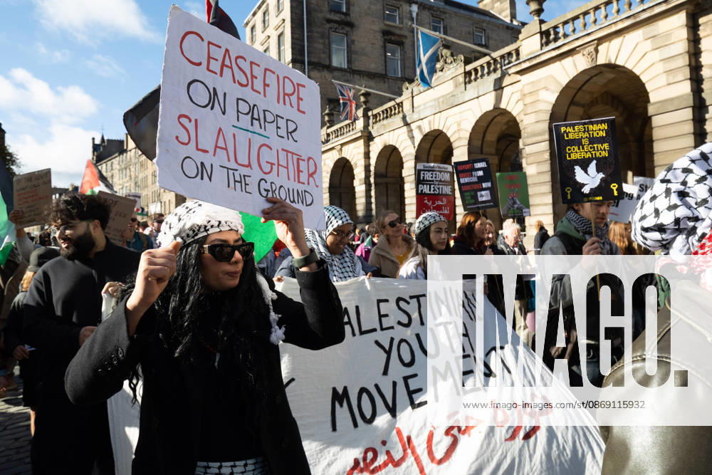 Hundreds of people took part in a demonstration in Edinburgh organised by pro-Palestine groups Gaza Genocide Emergency Committee and Stop the War Scotland to mark the third anniversary of the 7 October 2023 Hamas-led attacks on Israel and the subsequent war in Gaza. The demonstration formed part of what organisers described as the first fully coordinated global day of protests for Palestine, with participants calling on the UK Government to end all arms sales to Israel and impose full sanctions. Edinburgh UK - ZUMAs357 20261010_zip_s357_013