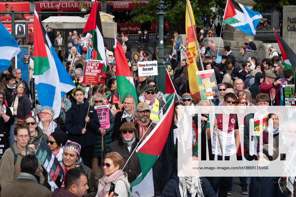 Hundreds of people took part in a demonstration in Edinburgh organised by pro-Palestine groups Gaza Genocide Emergency Committee and Stop the War Scotland to mark the third anniversary of the 7 October 2023 Hamas-led attacks on Israel and the subsequent war in Gaza. The demonstration formed part of what organisers described as the first fully coordinated global day of protests for Palestine, with participants calling on the UK Government to end all arms sales to Israel and impose full sanctions. Edinburgh UK - ZUMAs357 20261010_zip_s357_020