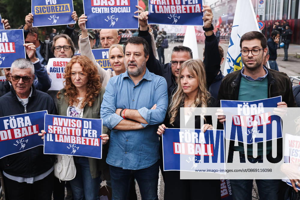 IPA89501898 - Milan: The Leagues protest, A Safer Milan, Stop the Social Centers, against the Lambretta Social Center on Via Rizzoli. Pictured: Silvia Sardone (Member of the European Parliament, Lega mayoral candidate in the Milan municipal elections), Matteo Salvini (Lega leader, Italian Minister of Infrastructure and Transport)