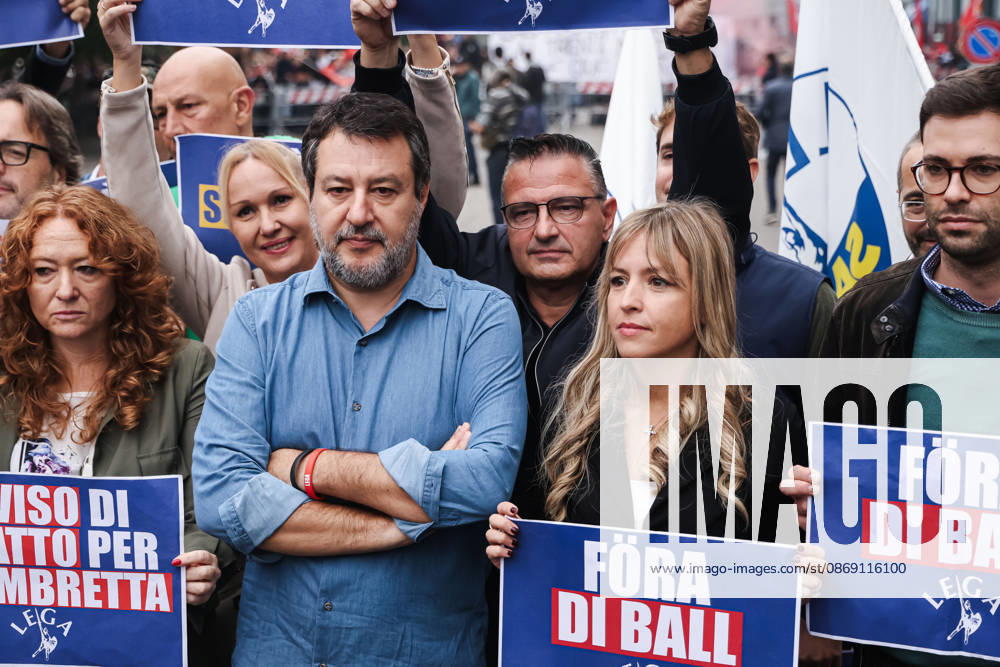 IPA89501904 - Milan: The Leagues protest, A Safer Milan, Stop the Social Centers, against the Lambretta Social Center on Via Rizzoli. Pictured: Silvia Sardone (Member of the European Parliament, Lega mayoral candidate in the Milan municipal elections), Matteo Salvini (Lega leader, Italian Minister of Infrastructure and Transportation)