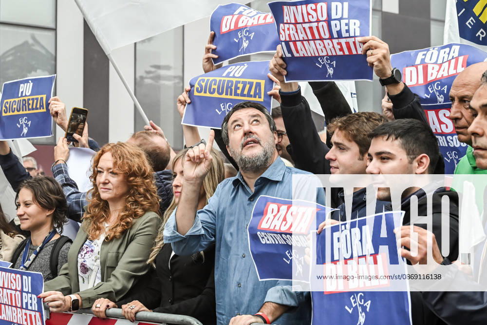 Deputy Prime Minister Matteo Salvini and Lega deputy secretary Silvia Sardone at the Lega rally Milan safer, stop social centers. Near the Lambretta Social Center, Via Rizzoli, 10 10 2026 Milan Milan Italy - ZUMAa289 20261010_zia_a289_050