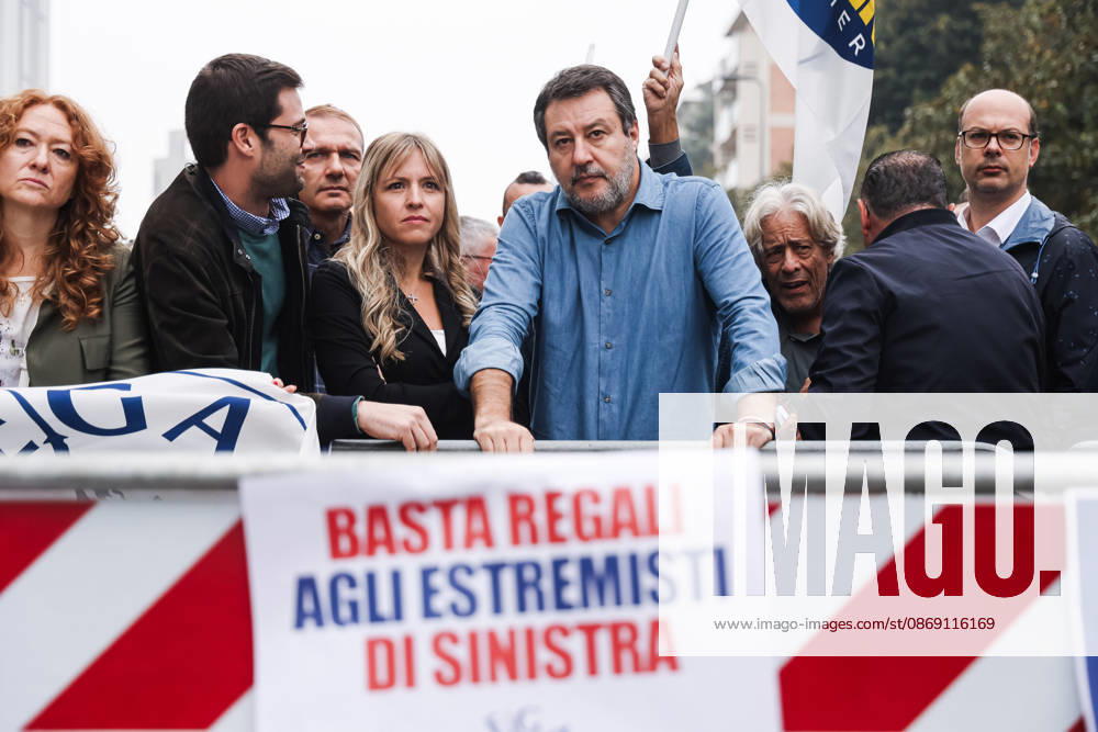 IPA89501855 - Milan: The Leagues protest, A Safer Milan, Stop the Social Centers, against the Lambretta Social Center on Via Rizzoli. Pictured: Silvia Sardone (Member of the European Parliament, Lega mayoral candidate in the Milan municipal elections), Matteo Salvini (Lega leader, Italian Minister of Infrastructure and Transportation)