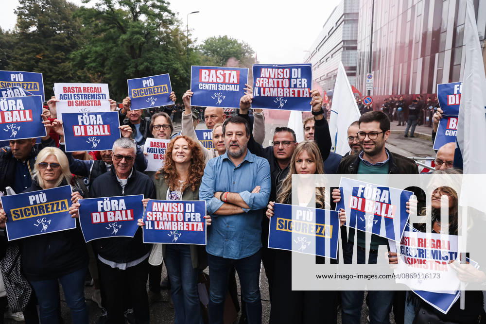 IPA89501896 - Milan: The Leagues protest, A Safer Milan, Stop the Social Centers, against the Lambretta Social Center on Via Rizzoli. Pictured: Silvia Sardone (Member of the European Parliament, Lega mayoral candidate in the Milan municipal elections), Matteo Salvini (Lega leader, Italian Minister of Infrastructure and Transportation)