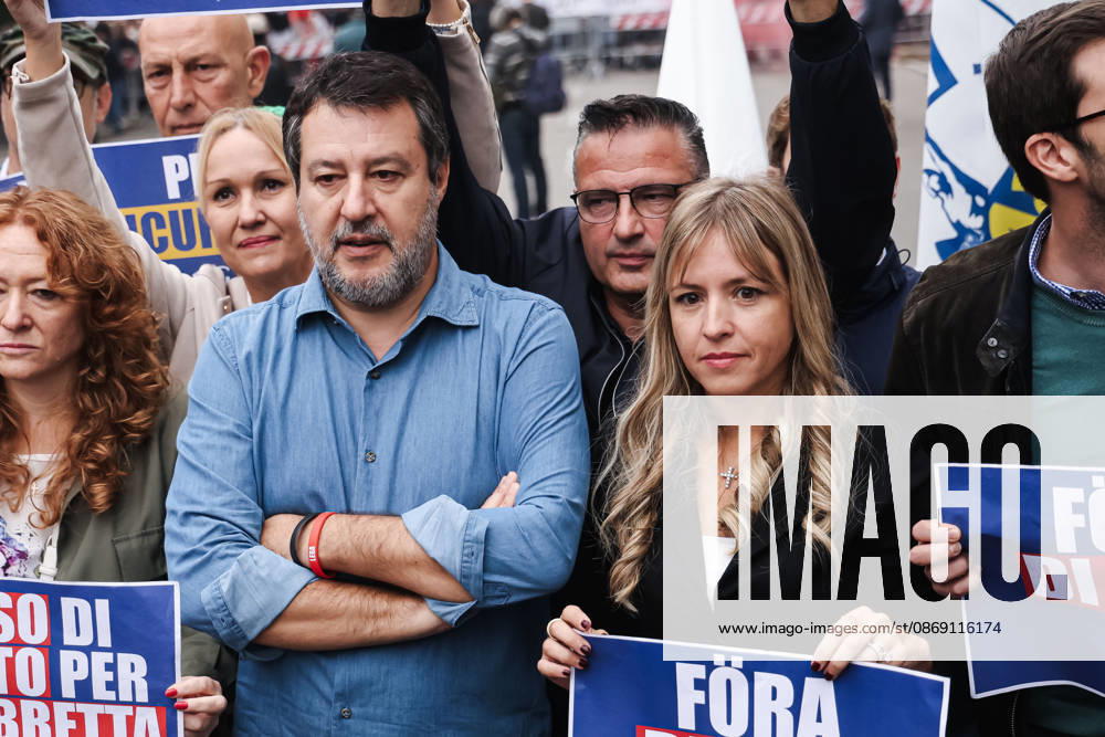 IPA89501901 - Milan: The Leagues protest, A Safer Milan, Stop the Social Centers, against the Lambretta Social Center on Via Rizzoli. Pictured: Silvia Sardone (Member of the European Parliament, Lega mayoral candidate in the Milan municipal elections), Matteo Salvini (Lega leader, Italian Minister of Infrastructure and Transportation)