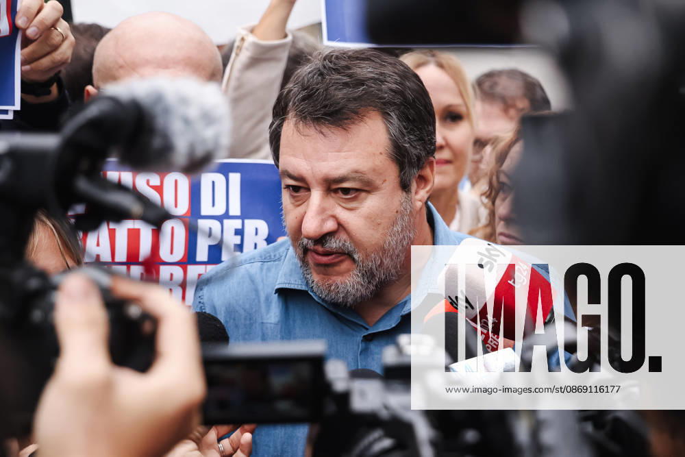 IPA89501921 - Milan: The Leagues rally, A Safer Milan, Stop the Social Centers, against the Lambretta Social Center on Via Rizzoli. Pictured: Matteo Salvini (leader of the League, Italian Minister of Infrastructure and Transportation)