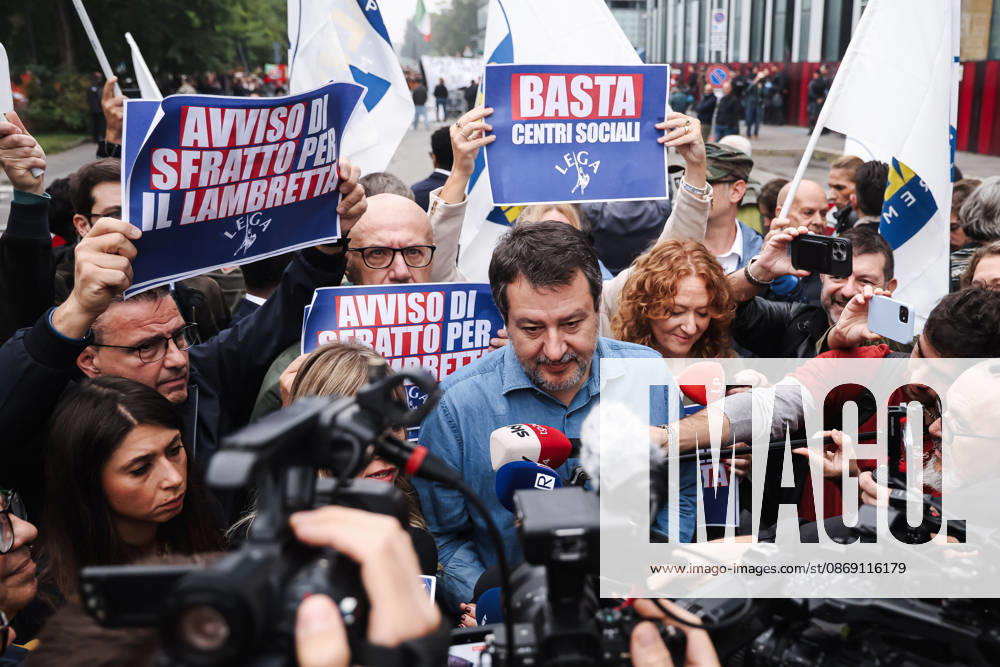 IPA89501922 - Milan: The Leagues rally, A Safer Milan, Stop the Social Centers, against the Lambretta Social Center on Via Rizzoli. Pictured: Matteo Salvini (leader of the League, Italian Minister of Infrastructure and Transportation)