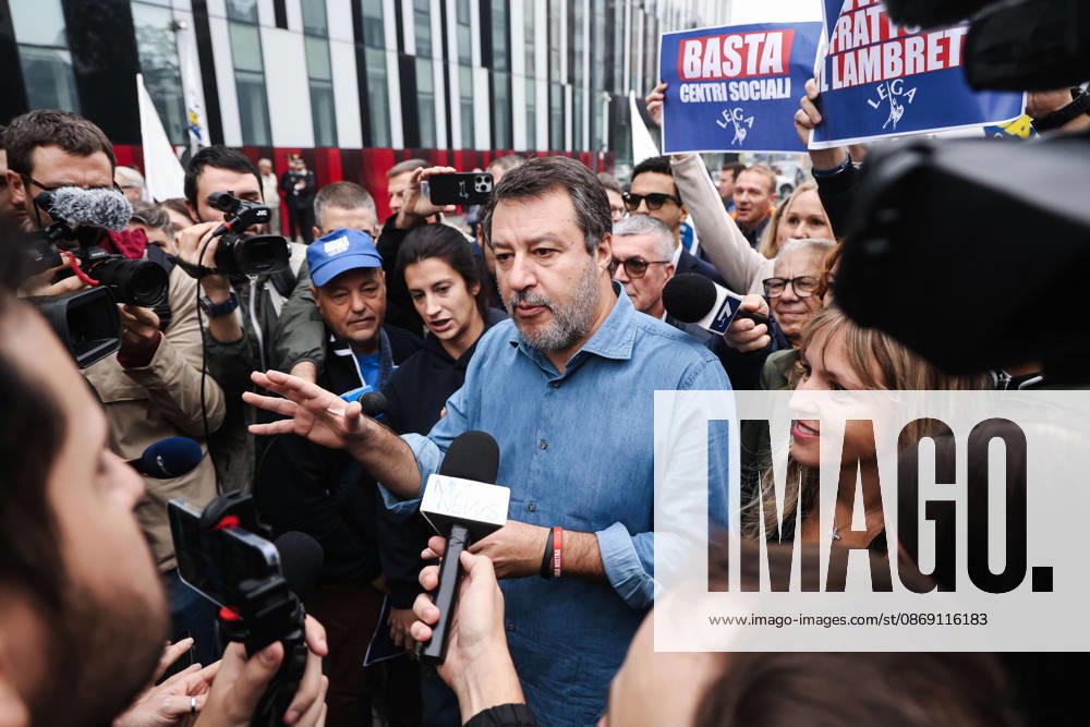 IPA89501924 - Milan: The Leagues protest, A Safer Milan, Stop the Social Centers, against the Lambretta Social Center on Via Rizzoli. Pictured: Silvia Sardone (Member of the European Parliament, Lega mayoral candidate in the Milan municipal elections), Matteo Salvini (Lega leader, Italian Minister of Infrastructure and Transportation)