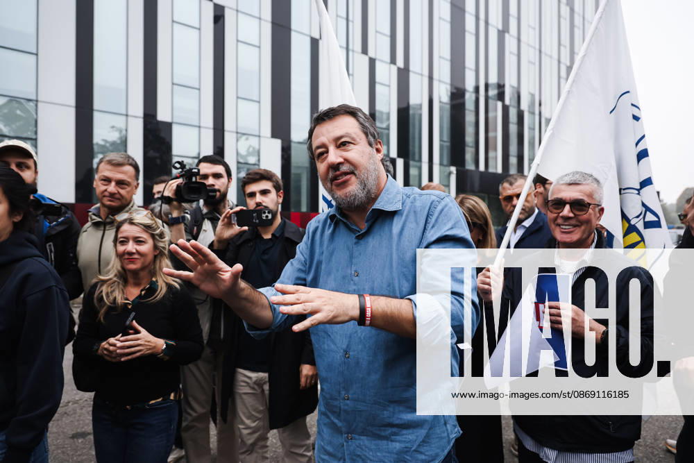 IPA89501927 - Milan: The Leagues rally, A Safer Milan, Stop the Social Centers, against the Lambretta Social Center on Via Rizzoli. Pictured: Matteo Salvini (leader of the League, Italian Minister of Infrastructure and Transportation)