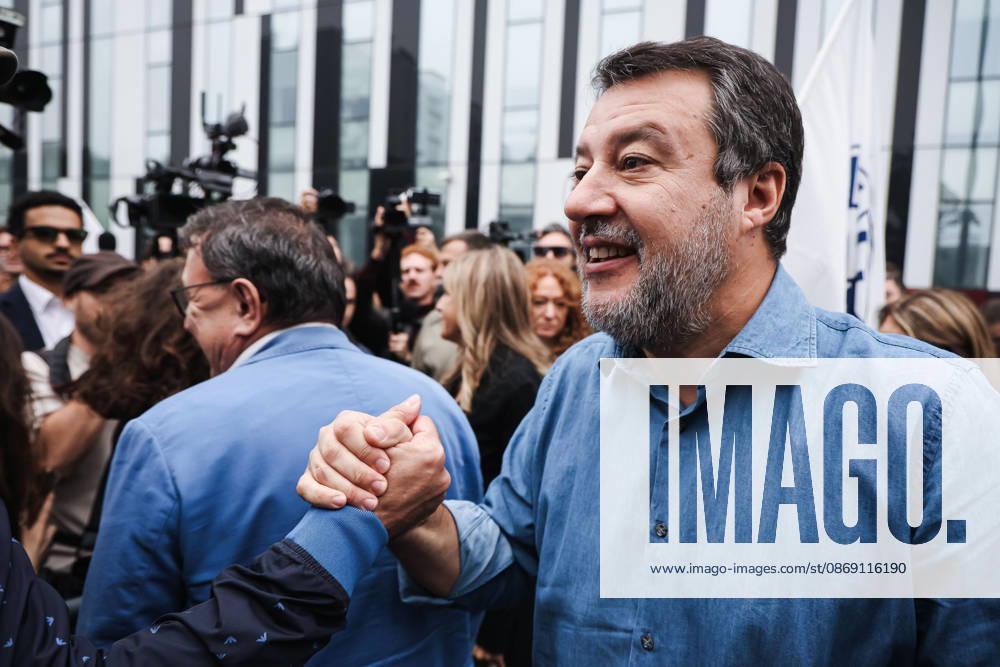 IPA89501928 - Milan: The Leagues rally, A Safer Milan, Stop the Social Centers, against the Lambretta Social Center on Via Rizzoli. Pictured: Matteo Salvini (leader of the League, Italian Minister of Infrastructure and Transportation)