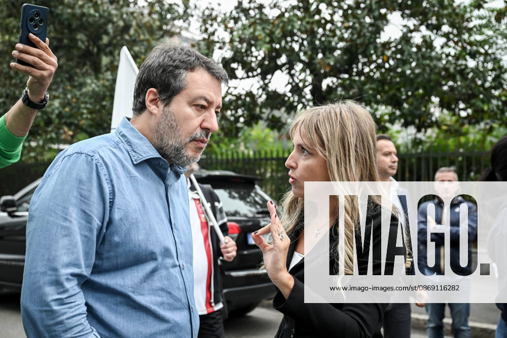 Deputy Prime Minister Matteo Salvini and Lega deputy secretary Silvia Sardone at the Lega rally Milan safer, stop social centers. Near the Lambretta Social Center, Via Rizzoli, 10 10 2026 Milan Milan Italy - ZUMAa289 20261010_zia_a289_037