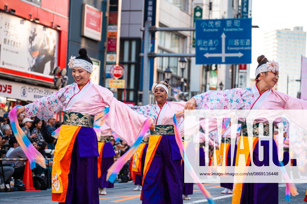 General view, October 10, 2026 - Dancers perform during the eve-of-festival events of the 27th Tokyo Yosakoi Festival in Ikebukuro, Tokyo, Japan, on October 10, 2026. Part of the Fukuro Matsuri celebrations, the event brings together yosakoi dance teams in colorful costumes for energetic performances combining traditional Japanese dance influences with contemporary music and choreography. aflo_354761364