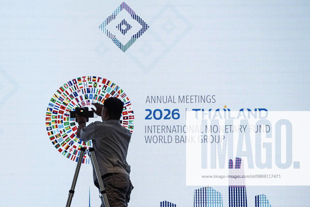 IMF World Bank 2026 Annual Meetings In Bangkok. Thai workers prepare the logo of the annual meetings of the International Monetary Fund (IMF) and the World Bank Group at the Queen Sirikit National Convention Center in Bangkok, Thailand, on October 10, 2026. Bangkok Bangkok Thailand