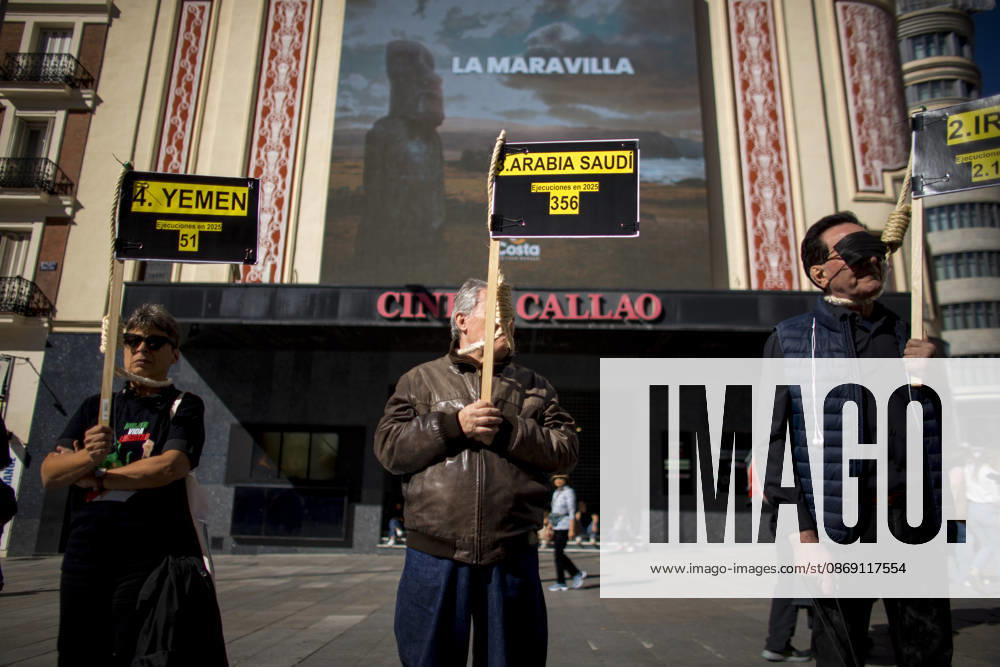 Protesters hold placards and wear nooses around their necks, during a rally against the death penalty in Callao Square in central Madrid. World Day Against the Death Penalty has been observed every October 10th since 2003. Madrid Spain - ZUMAs197 20261010_aaa_s197_023