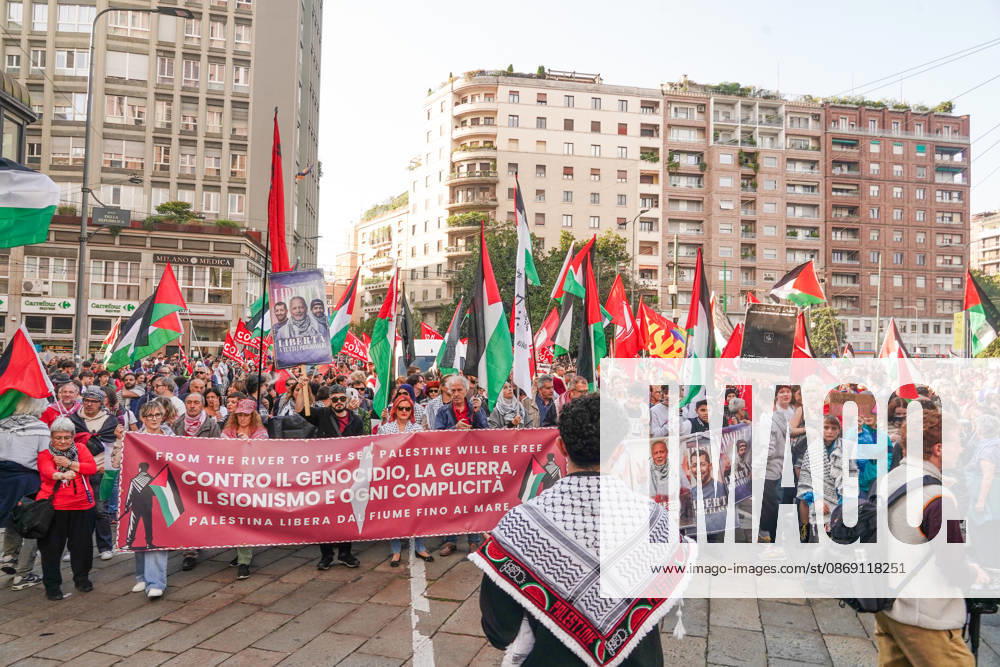 IPA89506349 - Milan, October 10, 2026, a day of national mobilization, The end of genocide is the end of Zionism, marking the third anniversary of the start of the conflict in Gaza