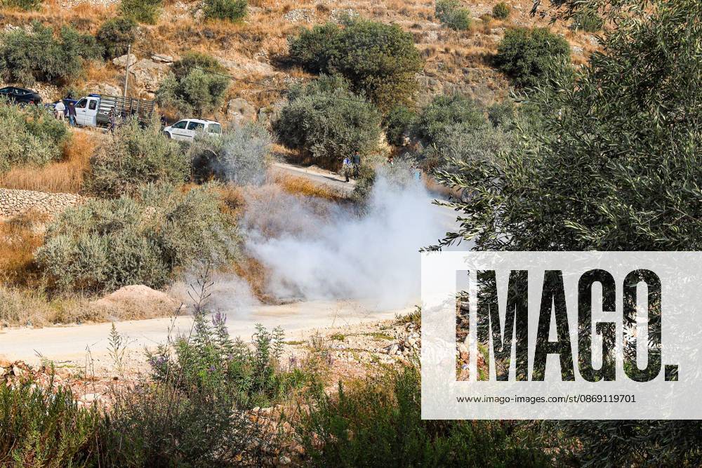 Israeli settlers and forces attack farmers during olive harvest in Deir Abu Mashal DEIR ABU MASHAL, PALESTINE OCTOBER 10, 2026: Palestinian farmers came under attack by Israeli settlers and Israeli forces as they headed to harvest olives on their land in Deir Abu Mashal, northwest of Ramallah. The event marked the villages first olive harvest gathering of the new season. The Palestine Red Crescent Society reported that its teams treated nine people injured during the incident. The injuries included one caused by live ammunition to the thigh, two caused by rubber-coated metal bullets, and six resulting from physical assault. One of those struck by a rubber-coated metal bullet was photojournalist Issam Al-Rimawi. The incident