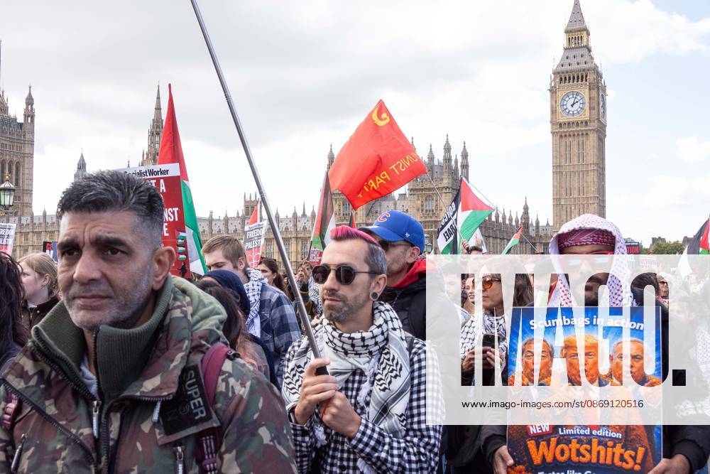 The National March for Palestine took place to mark the third anniversary of the start of the war in Gaza. Around ten thousand gathered on The Thames embankment and marched to Parliament Squre. They faced an Israeli counter demonstration of a handfull of protesters. Some arrests were reported by police. London England - ZUMAr169 20261010_zip_r169_039