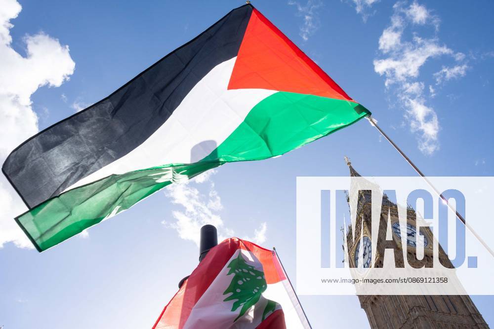 The National March for Palestine took place to mark the third anniversary of the start of the war in Gaza. Around ten thousand gathered on The Thames embankment and marched to Parliament Squre. They faced an Israeli counter demonstration of a handfull of protesters. Some arrests were reported by police. London England - ZUMAr169 20261010_zip_r169_022