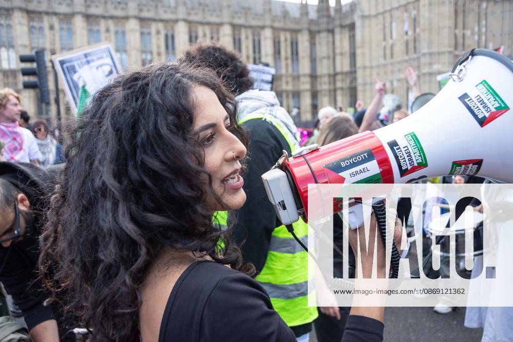 The National March for Palestine took place to mark the third anniversary of the start of the war in Gaza. Around ten thousand gathered on The Thames embankment and marched to Parliament Squre. They faced an Israeli counter demonstration of a handfull of protesters. Some arrests were reported by police. London England - ZUMAr169 20261010_zip_r169_025