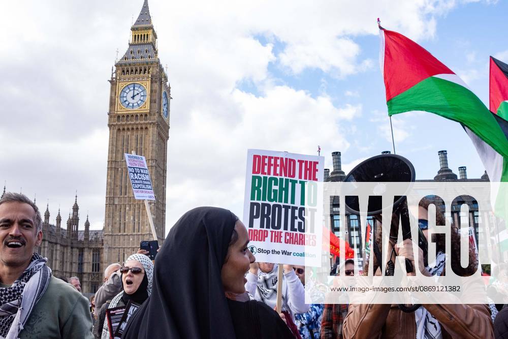 The National March for Palestine took place to mark the third anniversary of the start of the war in Gaza. Around ten thousand gathered on The Thames embankment and marched to Parliament Squre. They faced an Israeli counter demonstration of a handfull of protesters. Some arrests were reported by police. London England - ZUMAr169 20261010_zip_r169_035