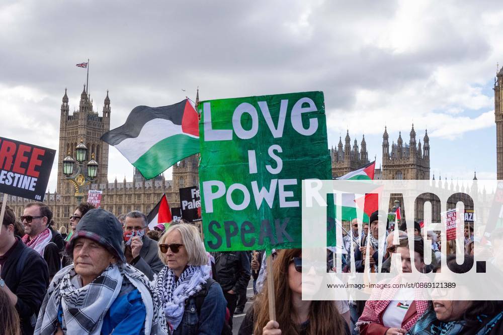 The National March for Palestine took place to mark the third anniversary of the start of the war in Gaza. Around ten thousand gathered on The Thames embankment and marched to Parliament Squre. They faced an Israeli counter demonstration of a handfull of protesters. Some arrests were reported by police. London England - ZUMAr169 20261010_zip_r169_040