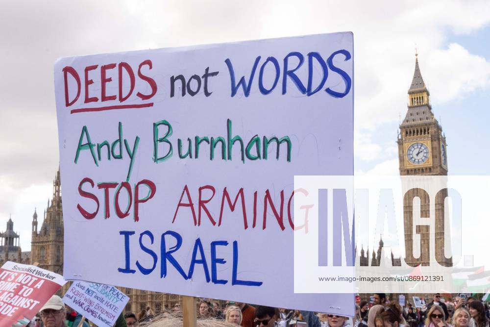 The National March for Palestine took place to mark the third anniversary of the start of the war in Gaza. Around ten thousand gathered on The Thames embankment and marched to Parliament Squre. They faced an Israeli counter demonstration of a handfull of protesters. Some arrests were reported by police. London England - ZUMAr169 20261010_zip_r169_042