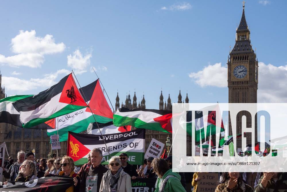 The National March for Palestine took place to mark the third anniversary of the start of the war in Gaza. Around ten thousand gathered on The Thames embankment and marched to Parliament Squre. They faced an Israeli counter demonstration of a handfull of protesters. Some arrests were reported by police. London England - ZUMAr169 20261010_zip_r169_046