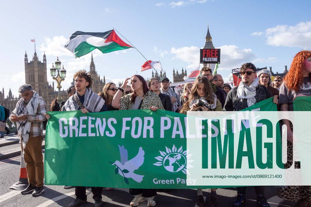 The National March for Palestine took place to mark the third anniversary of the start of the war in Gaza. Around ten thousand gathered on The Thames embankment and marched to Parliament Squre. They faced an Israeli counter demonstration of a handfull of protesters. Some arrests were reported by police. London England - ZUMAr169 20261010_zip_r169_047