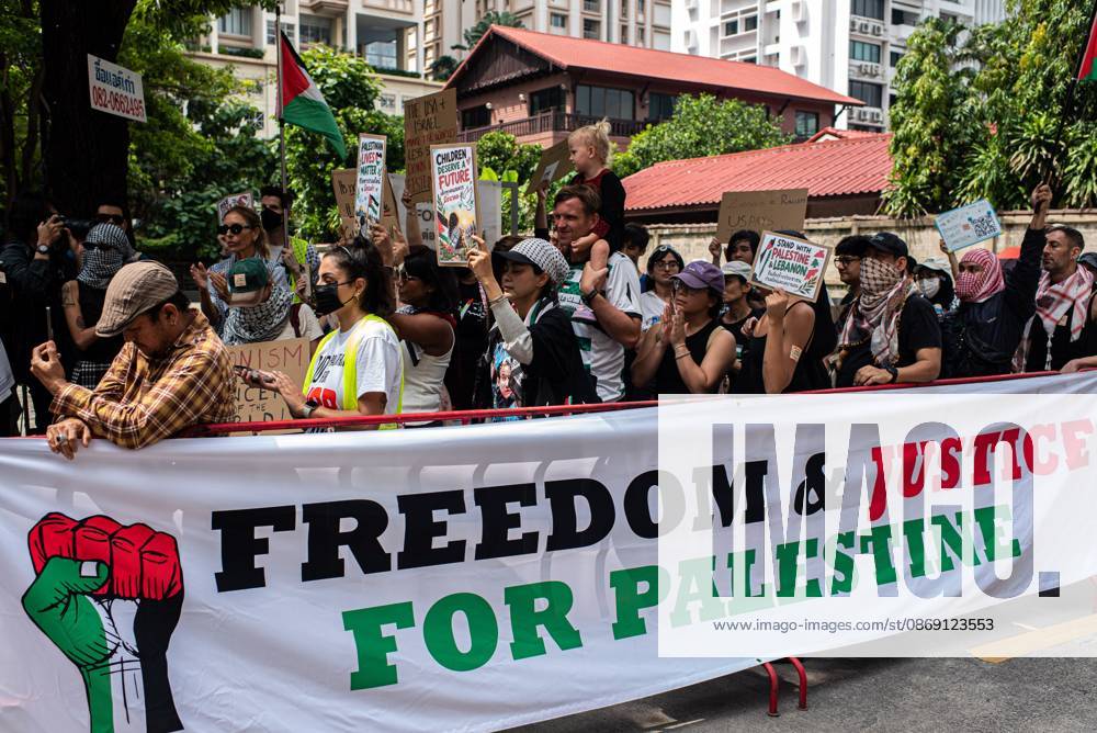 BANGKOK, THAILAND Ã¢â‚¬ OCTOBER 10, 2026: Pro-Palestine protesters and activists gather outside the Israeli Embassy in Bangkok to demand a permanent ceasefire in Gaza and express solidarity with the Palestinian people. The demonstration highlights calls for an end to hostilities in Gaza and continued international attention to the humanitarian situation affecting Palestinians. Protesters gathered outside the diplomatic mission to voice their demands and show support for Palestinians amid the ongoing conflict. The demonstration forms part of international solidarity actions calling for a ceasefire and greater protection for civilians in Gaza. Bangkok Thailand - ZUMAq101 20261010_zna_q101_153