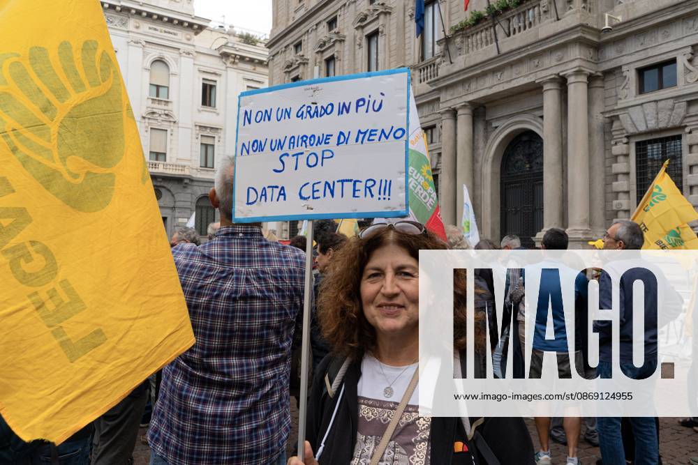 MILAN, ITALY Ã¢â‚¬ OCTOBER 10, 2026: Protesters gather for a sit-in in Piazza della Scala in central Milan to oppose the development of new data centers across Lombardy and Italy. The demonstration is organized by the Rete dei Comitati No Data Center (No Data Center Committee Network), which is calling for a moratorium on permits for new facilities. The group also urges public authorities to conduct thorough environmental, urban planning and regional assessments before approving projects. For approved facilities that have not yet begun operating, campaigners are calling for reviews to be reopened if potential microclimate effects and cumulative impacts with existing facilities were not adequately assessed. - ZUMAq101 20261007_zna_q101_444