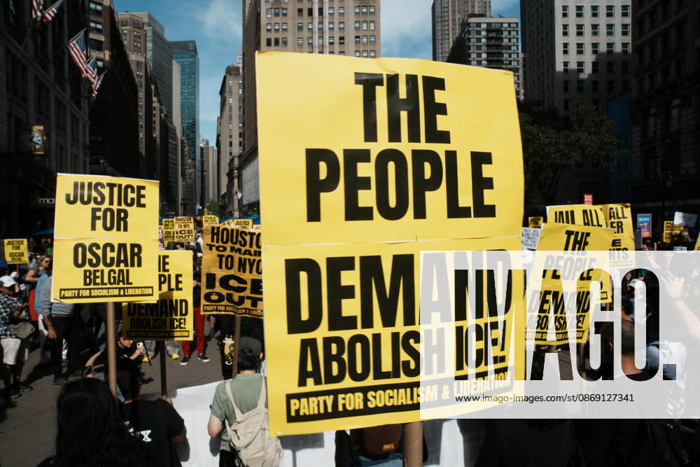 Protesters at an anti-ICE protest in Herald Square on October 10, 2026 in New York City. Protesters take to the streets following an incident where ICE agents shot a 28-year-old-man, Oscar Belgal while he in a vehicle with his 5-year old child in the Marble Hill neighborhood in the Bronx. New York USA - ZUMAb148 20261010_zap_b148_032