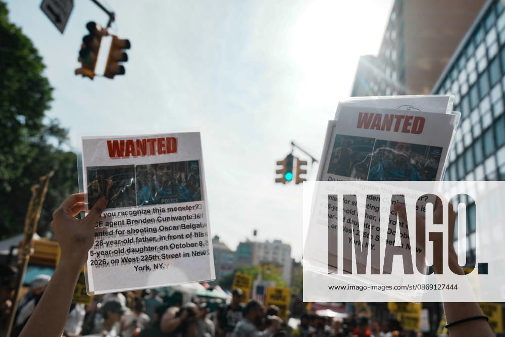 A protester holds a Wanted Sign with ICE Agent Brendan Cuni , accused of shooting Oscar Belgal, on a sign at an anti-ICE protest near Union Square on October 10, 2026 in New York City. Protesters take to the streets following an incident where ICE agents shot a 28-year-old-man, Oscar Belgal while he in a vehicle with his 5-year old child in the Marble Hill neighborhood in the Bronx. New York USA - ZUMAb148 20261010_zap_b148_061