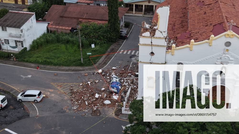 (261011) -- PENONOME, Oct. 11, 2026 -- A drone photo taken on Oct. 10, 2026 shows a church damaged in an earthquake in Penonome, Panama. Panama declared a state of emergency on Saturday to coordinate relief efforts and assist communities affected by a powerful earthquake that struck the country Friday. ) PANAMA-PENONOME-EARTHQUAKE-AFTERMATH LixJiaxu