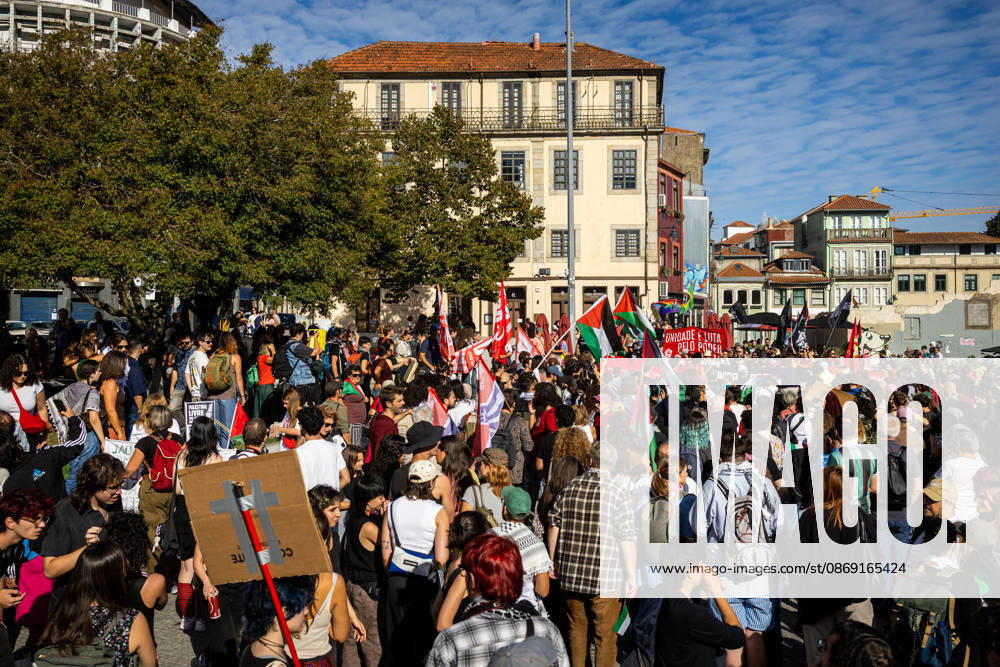 Palestine Solidarity March in Porto - 10 Oct 2026 Participants carrying Palestinian flags and placards gather at Praça dos Poveiros at the beginning of a Palestine solidarity march. Hundreds of demonstrators gathered in Porto for a Palestine solidarity march calling for an end to the war in Gaza and support for Palestinian rights. The march began at Praça dos Poveiros and concluded at Praça D. João I. Porto Portugal