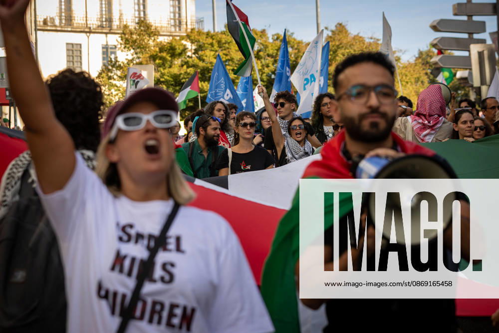 Palestine Solidarity March in Porto - 10 Oct 2026 Demonstrators carrying Palestinian flags chant slogans at the beginning of a march in solidarity with Palestine. Hundreds of demonstrators gathered in Porto for a Palestine solidarity march calling for an end to the war in Gaza and support for Palestinian rights. The march began at Praça dos Poveiros and concluded at Praça D. João I. Porto Portugal