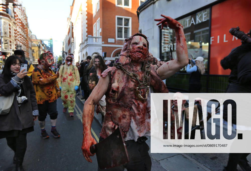 World Zombie Day In London, UK - 10 Oct 2026 A participant dressed as a zombie with a large meat cleaver walks the streets of Soho during the celebration. Supporters of World Zombie Day dressed in their best zombie attire and took to the streets and open spaces of London’s Soho district. The event started in the United States in 2006 and raises money through donations for charities like The Dead Good Club that helps people keep abreast of fast changing technologies like AI and digital media. London United Kingdom
