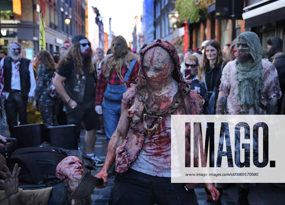 World Zombie Day In London, UK - 10 Oct 2026 A participant dressed as a zombie with a large meat cleaver walks the streets of Soho during the celebration. Supporters of World Zombie Day dressed in their best zombie attire and took to the streets and open spaces of London’s Soho district. The event started in the United States in 2006 and raises money through donations for charities like The Dead Good Club that helps people keep abreast of fast changing technologies like AI and digital media. London United Kingdom