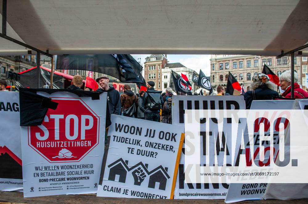 General view of placards about the housing crisis in the country during the demonstration. People gathered against the worsening housing crisis. Under the motto Houses for people, not for profit, they demand fundamental changes in Dutch public housing. Amsterdam Netherlands - ZUMAs197 20261010_aaa_s197_559