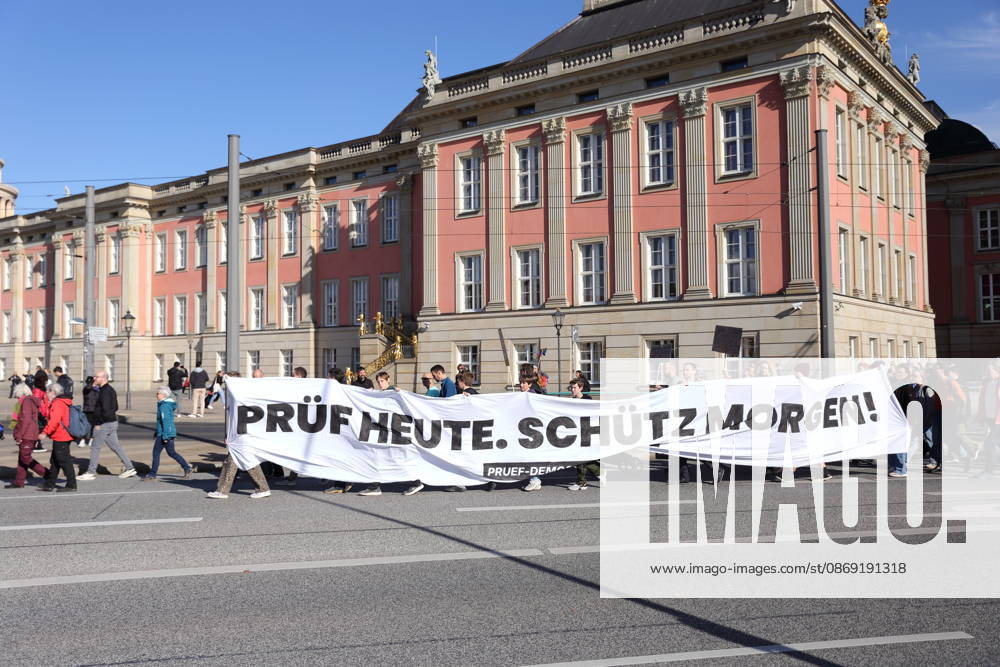 Protesters march with a banner reading Review today, Schütz tomorrow at the state parliament during a demonstration calling for the Federal Constitutional Court to review far-right parties, Potsdam, October 10, 2026. Review demonstration in Potsdam