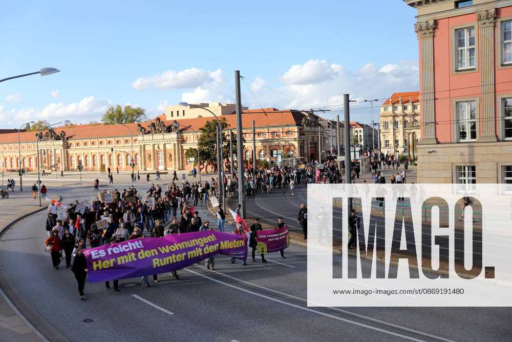 Protesters march with a banner reading Enough Is Enough—Give Us Apartments, Lower Rents in front of the state parliament during a demonstration against the housing crisis and rising rents, Potsdam, October 10, 2026. Rent Protest in Potsdam