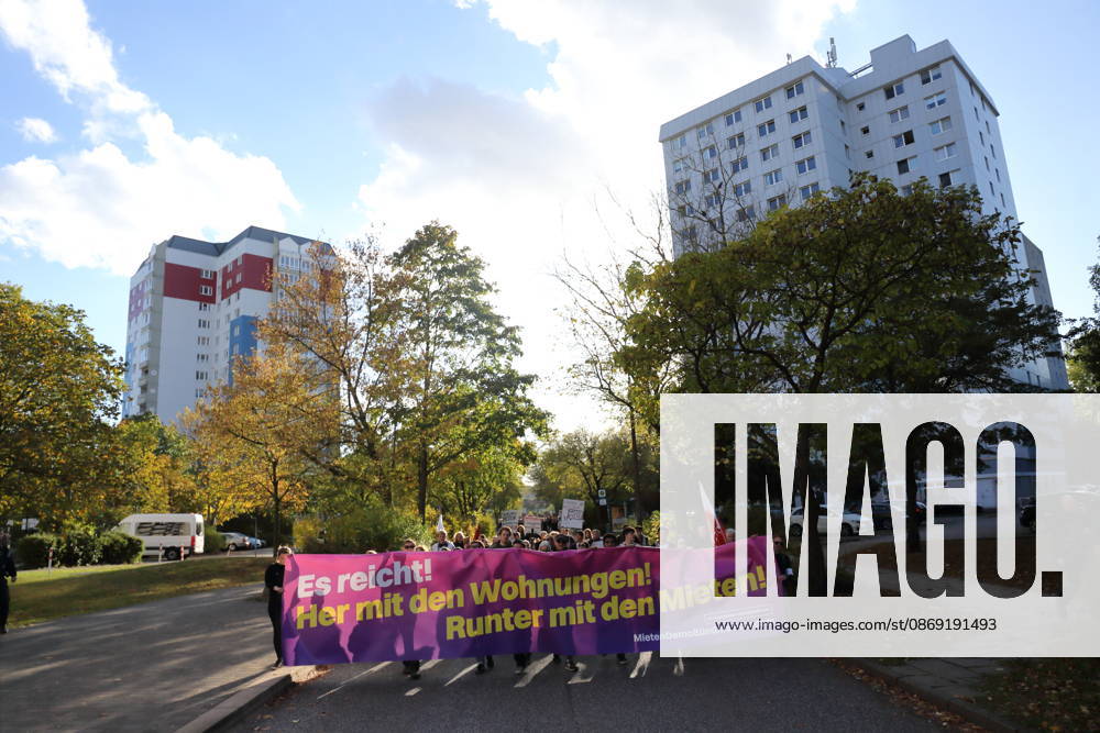Protesters march along Humboldtring carrying a banner reading Enough is enough! Give us housing! Lower the rents! during a demonstration against the housing crisis and rising rents, Potsdam, October 10, 2026. Rent Protest in Potsdam