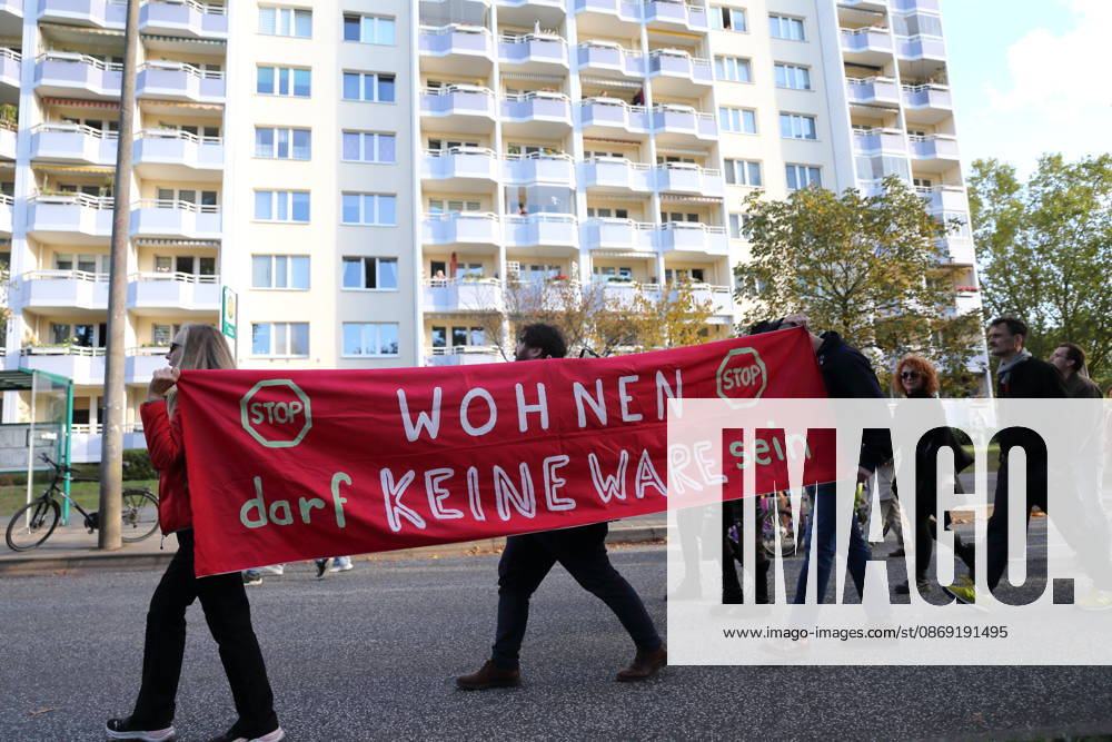 Protesters march along Humboldtring carrying a banner reading Housing Must Not Be a Commodity during a demonstration against the housing crisis and rising rents, Potsdam, October 10, 2026. Rent Protest in Potsdam