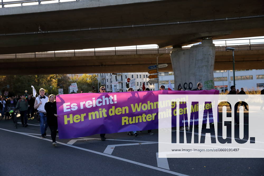 Protesters march down Friedrich List Street carrying a banner that reads Enough is enough! Give us housing! Lower the rents! during a demonstration against the housing crisis and rising rents, Potsdam, October 10, 2026. Rent Protest in Potsdam